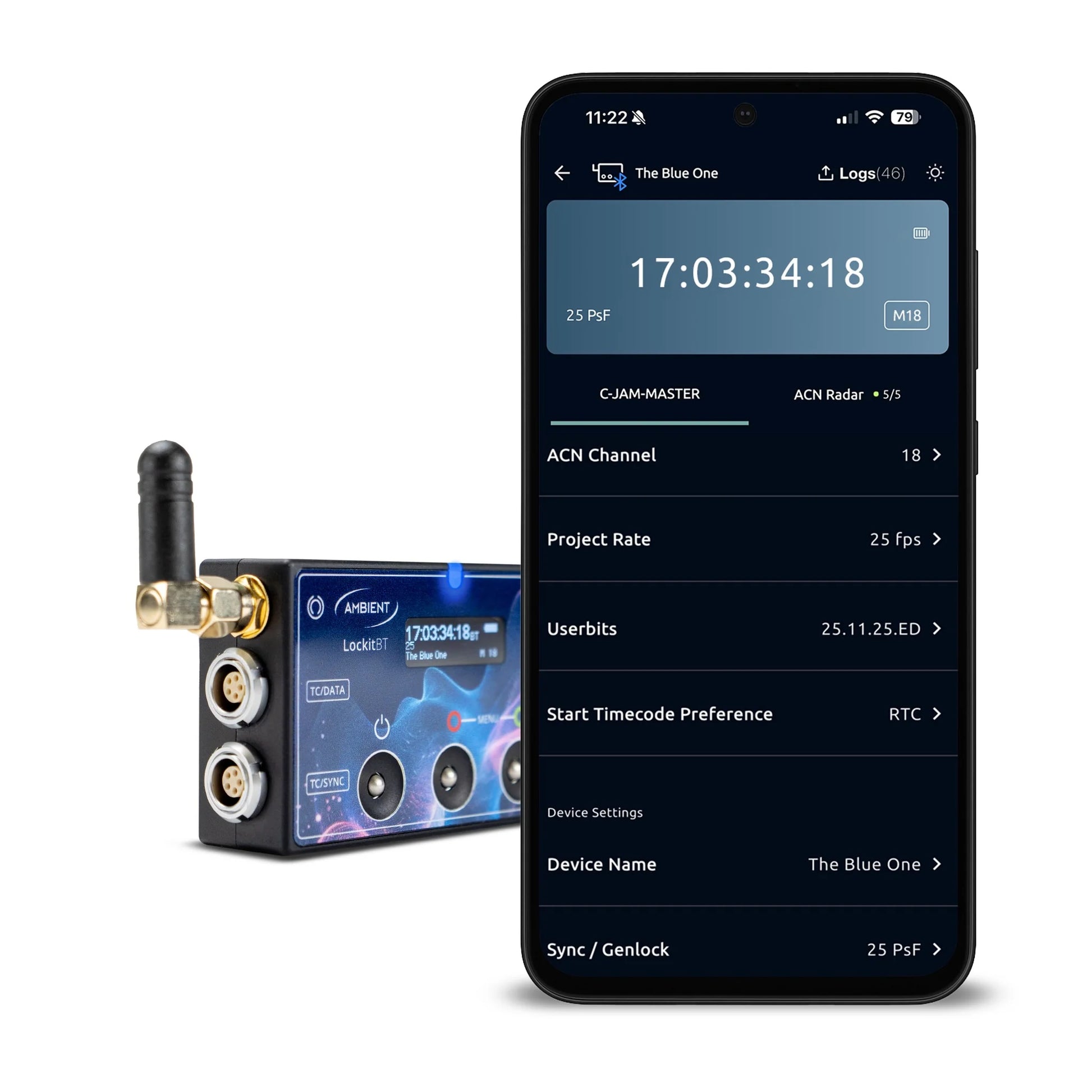 Timecode sync generator beside smartphone app screen for setting and syncing timecode