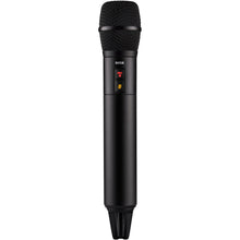 Wireless handheld microphone with black metal body and mesh grille