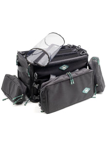 Large audio mixer recorder case with clear rain cover, front pocket, and zip compartments