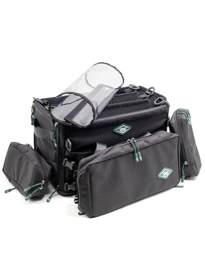 Large audio mixer recorder case with clear rain cover, front pocket, and zip compartments