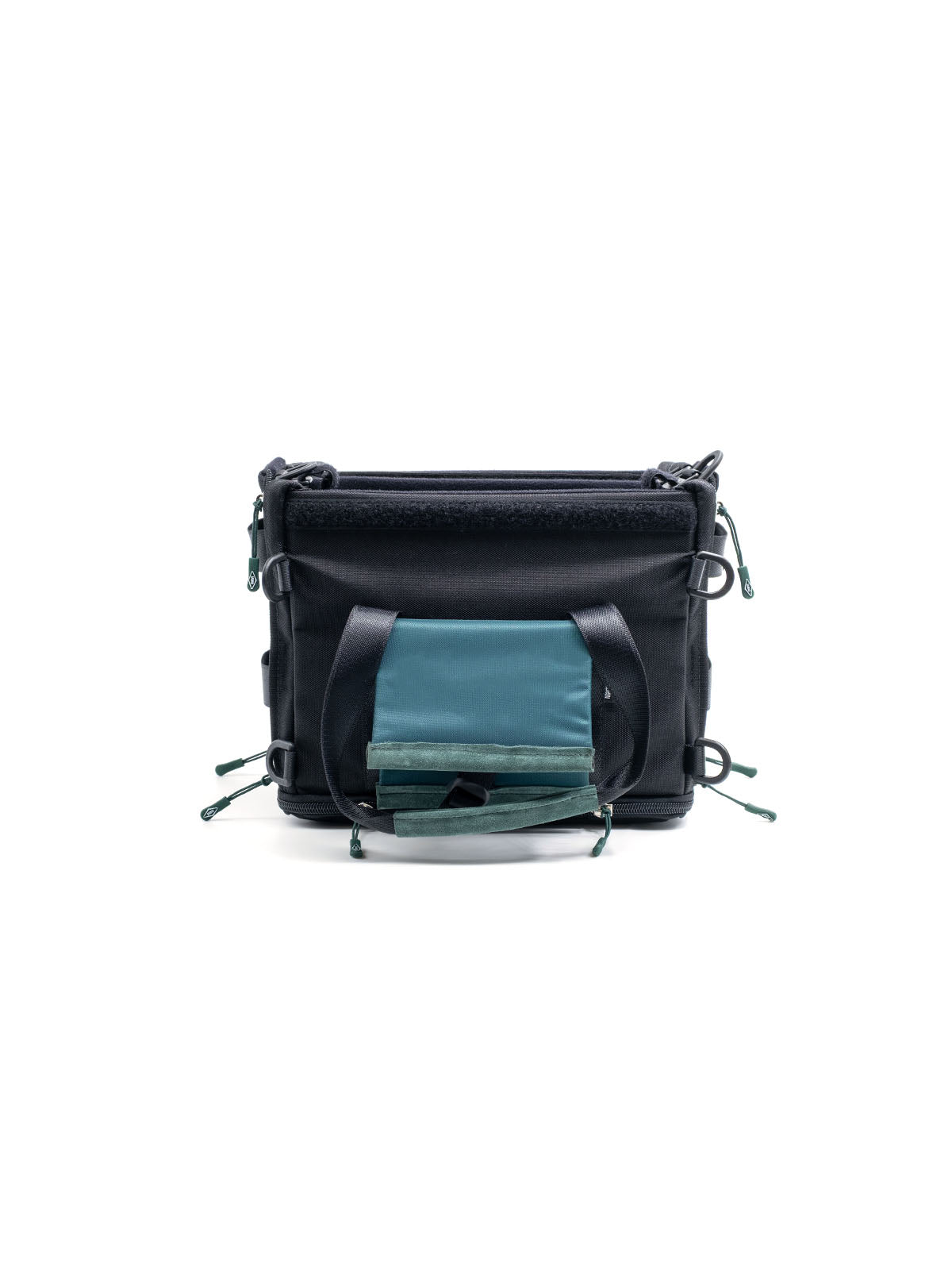 Small audio mixer bag with front flap and teal document holder inside pocket