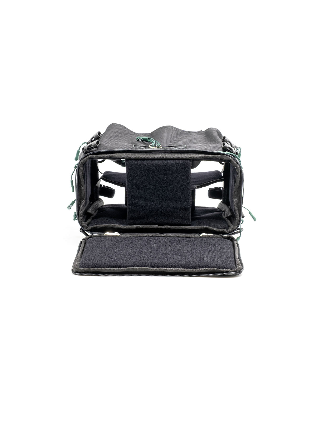 Small audio mixer bag with open top showing dark interior padding and insert pockets