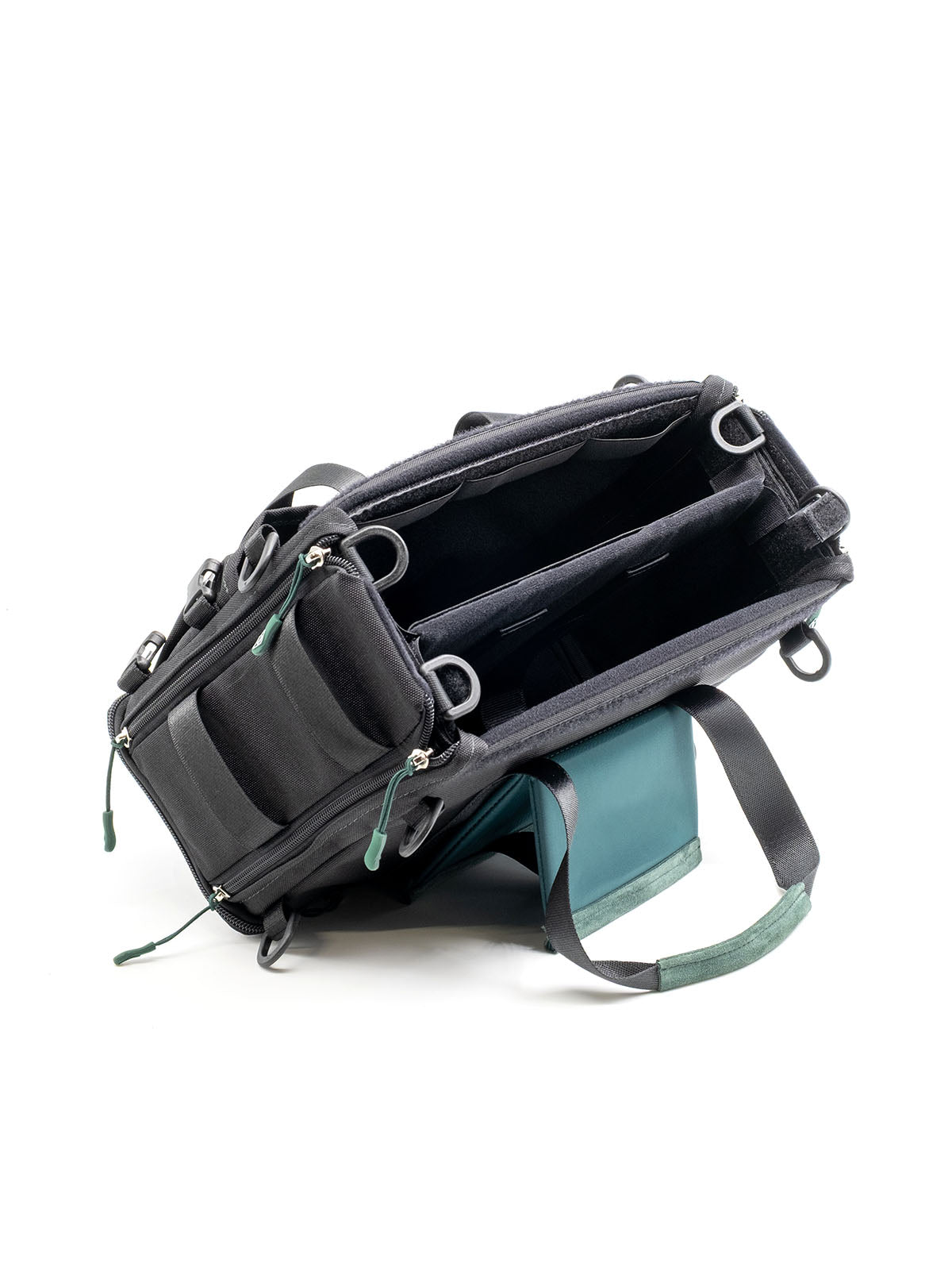 Large audio mixer recorder case open top compartment with padded divider and straps