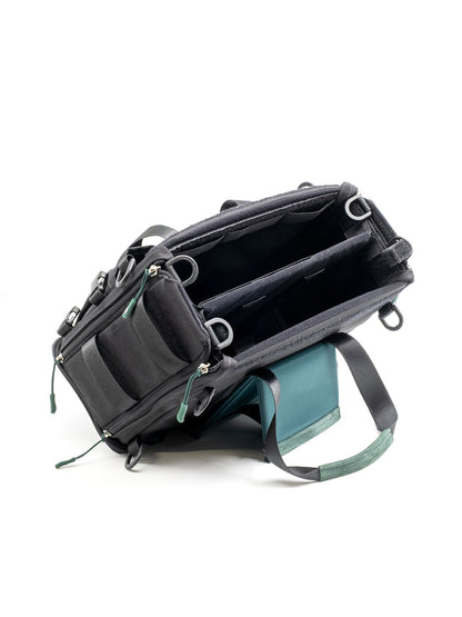 Large audio mixer recorder case open top compartment with padded divider and straps
