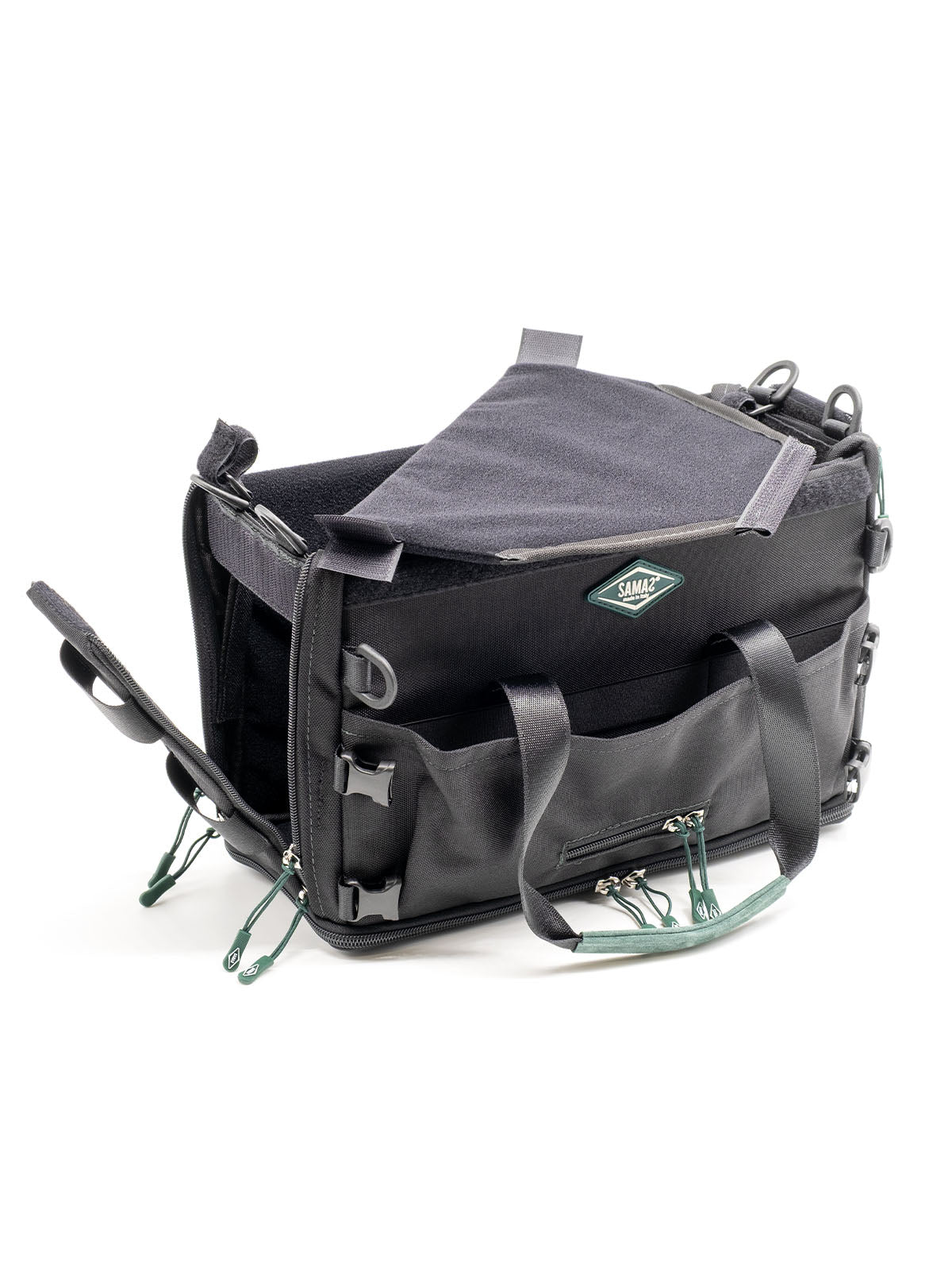 Large audio mixer recorder case with open flat cover, front latch pockets, and straps