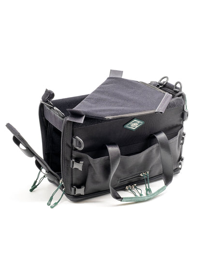 Large audio mixer recorder case with open flat cover, front latch pockets, and straps