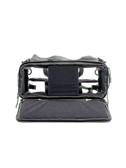 Large audio mixer recorder case showing open internal frame and padded insert