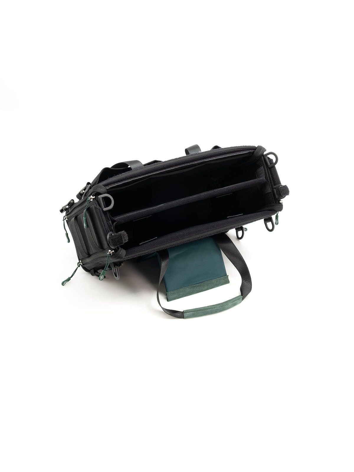 Black medium audio mixer recorder bag with side zipper pockets and teal strap accents