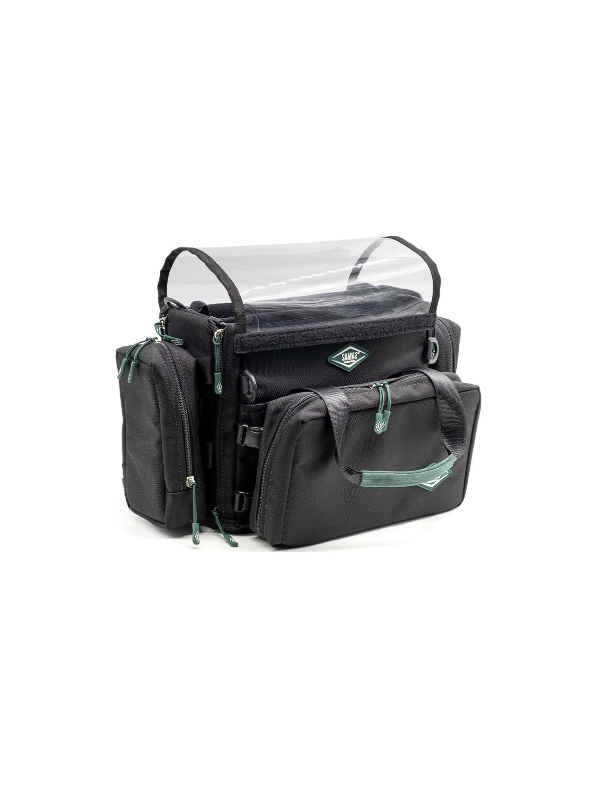Small audio mixer bag with clear rain cover top and front organizer pocket