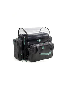 Small audio mixer bag with clear rain cover top and front organizer pocket