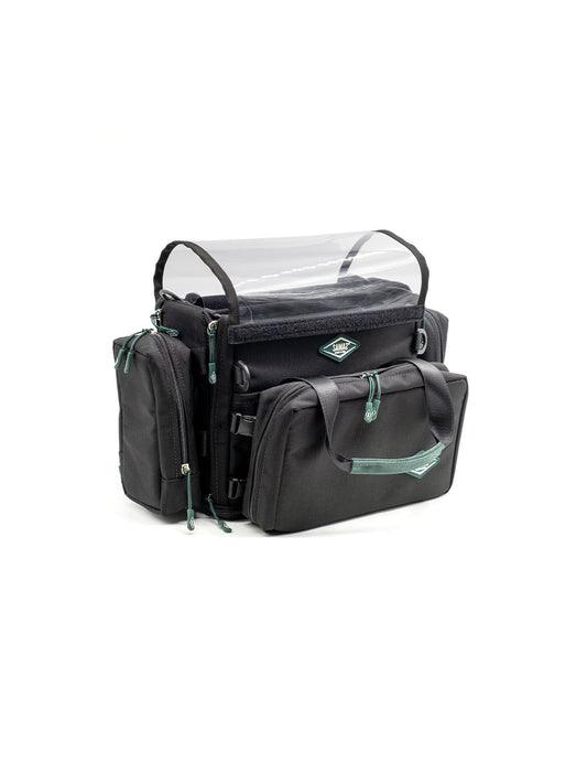 Small audio mixer bag with clear rain cover top and front organizer pocket