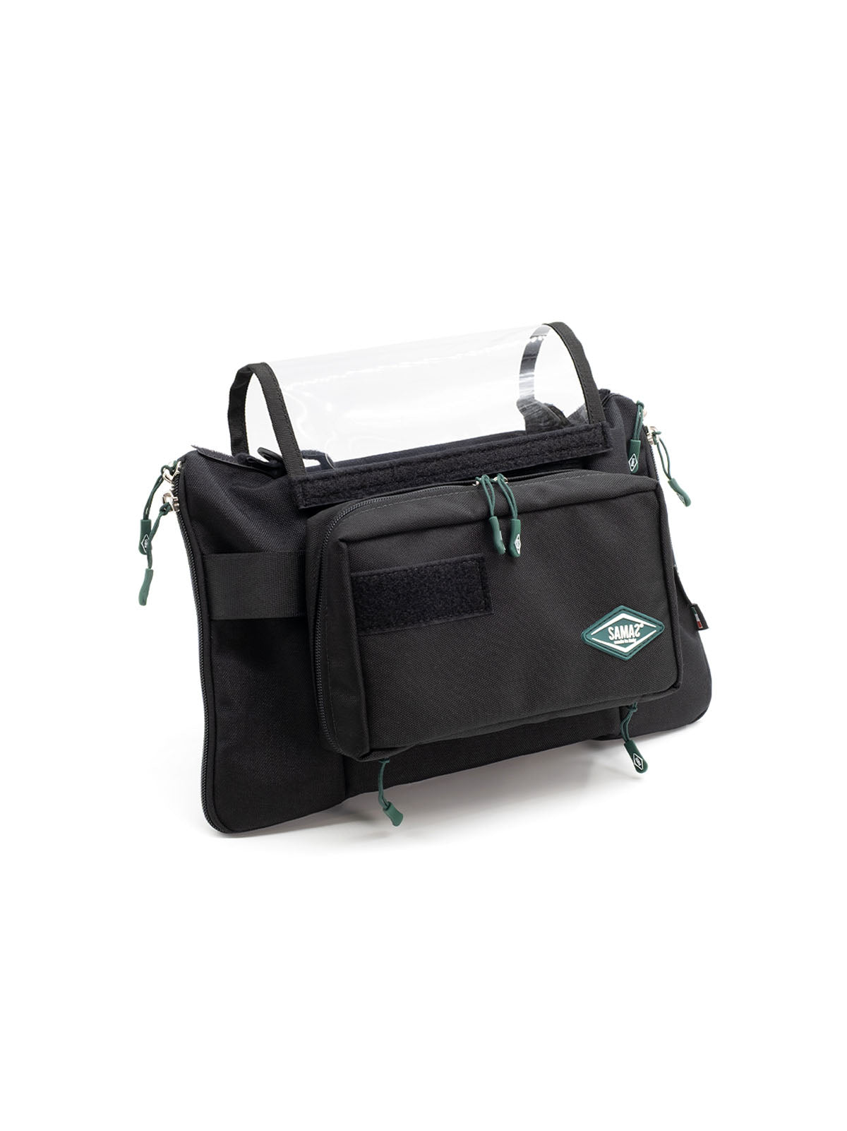 Black mini audio mixer bag with SAMAS logo badge, front organizer pocket, and clear cover