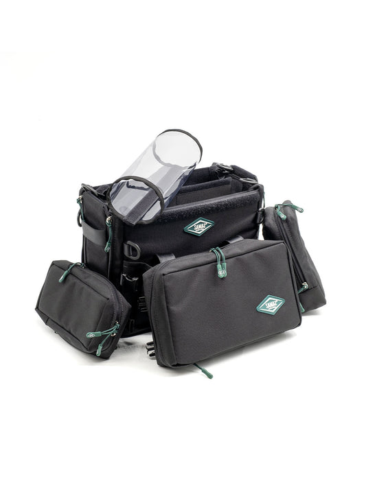 Small audio mixer bag with multiple front pocket panels and small side pouches