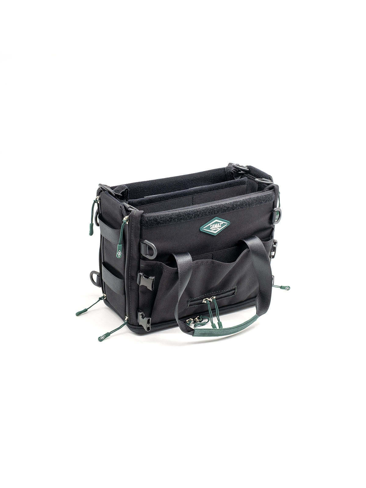 Small audio mixer bag three-quarter view with front zipper pocket and teal lanyard pulls