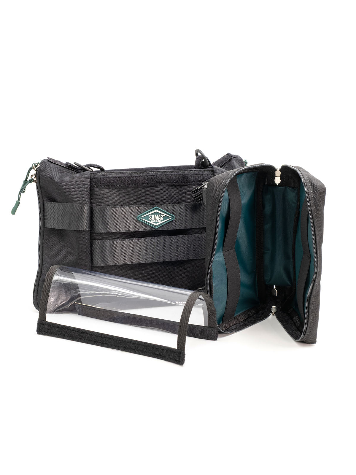 Black mini audio mixer bag with clear accessory window and open side compartment