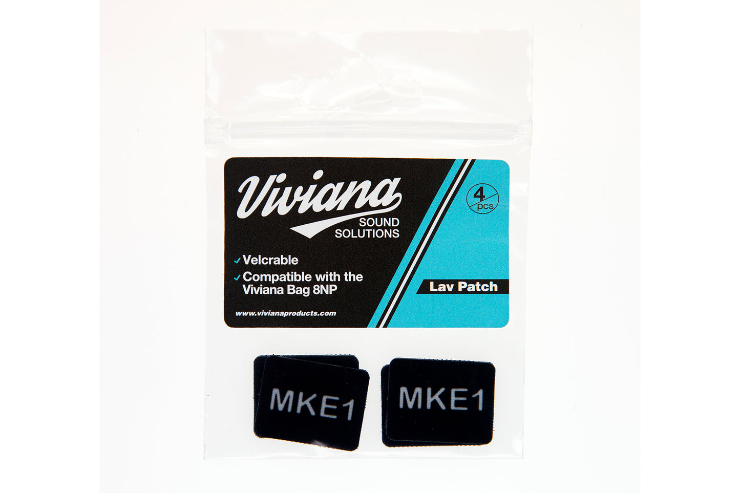 Black lav mic patches labeled MKE1, 4-pack in clear pouch.
