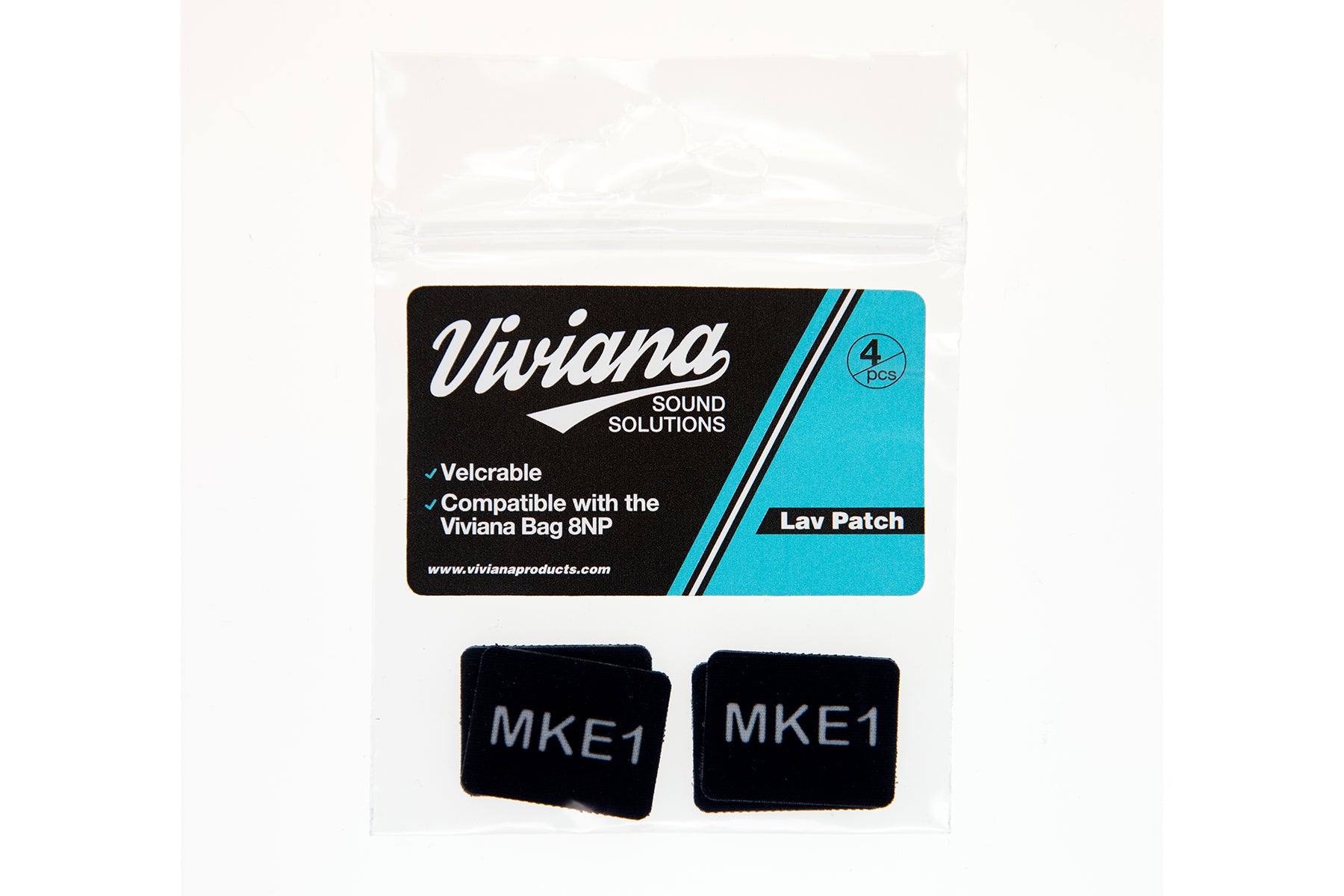 Black lav mic patches labeled MKE1, 4-pack in clear pouch.