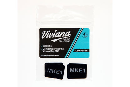 Black lav mic patches labeled MKE1, 4-pack in clear pouch.