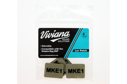 Lav mic patches with MKE1 text, beige khaki square adhesive pads in 4-pack bag