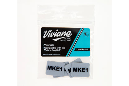 Lav mic patches with MKE1 text, blue gray square adhesive pads in 4-pack bag