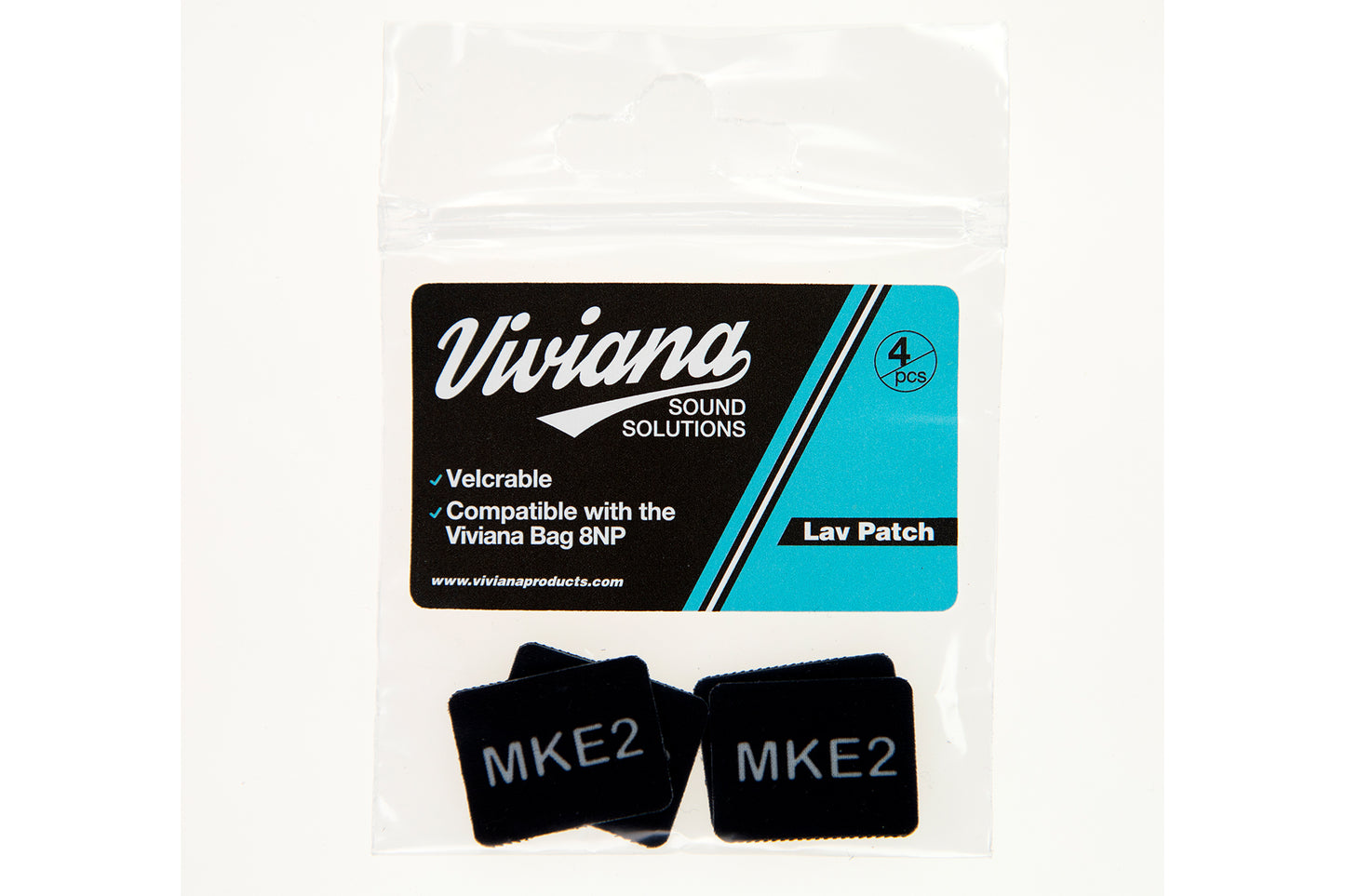Lav mic patches with MKE2 text, dark square adhesive pads in 4-pack bag