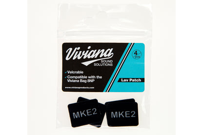 Lav mic patches with MKE2 text, dark square adhesive pads in 4-pack bag