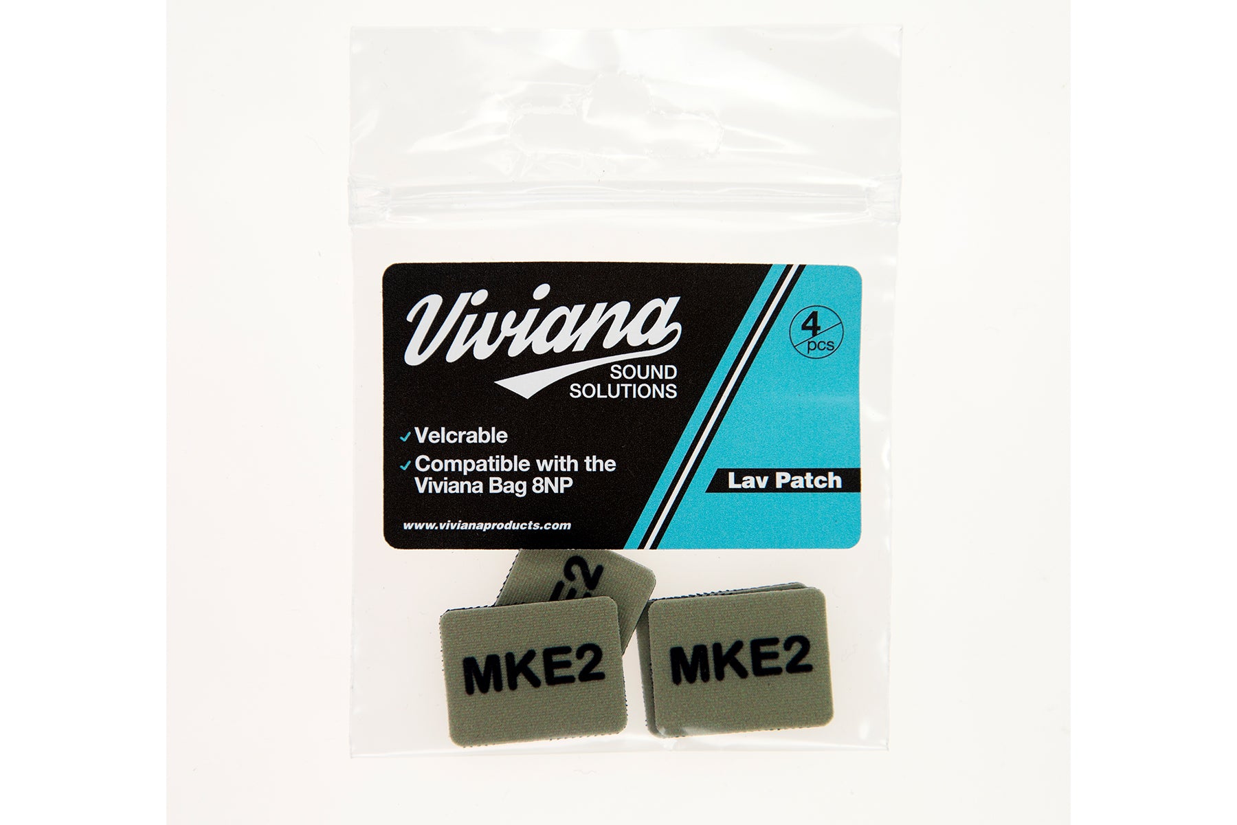 Lav mic patches with MKE2 text, olive green square adhesive pads in 4-pack bag