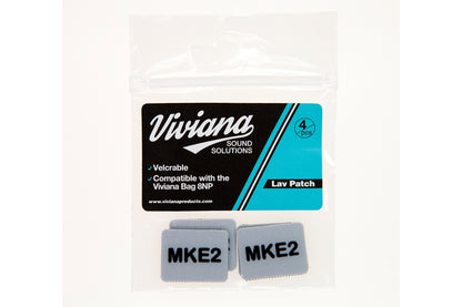 Lav mic patches with MKE2 text, light blue square adhesive pads in 4-pack bag