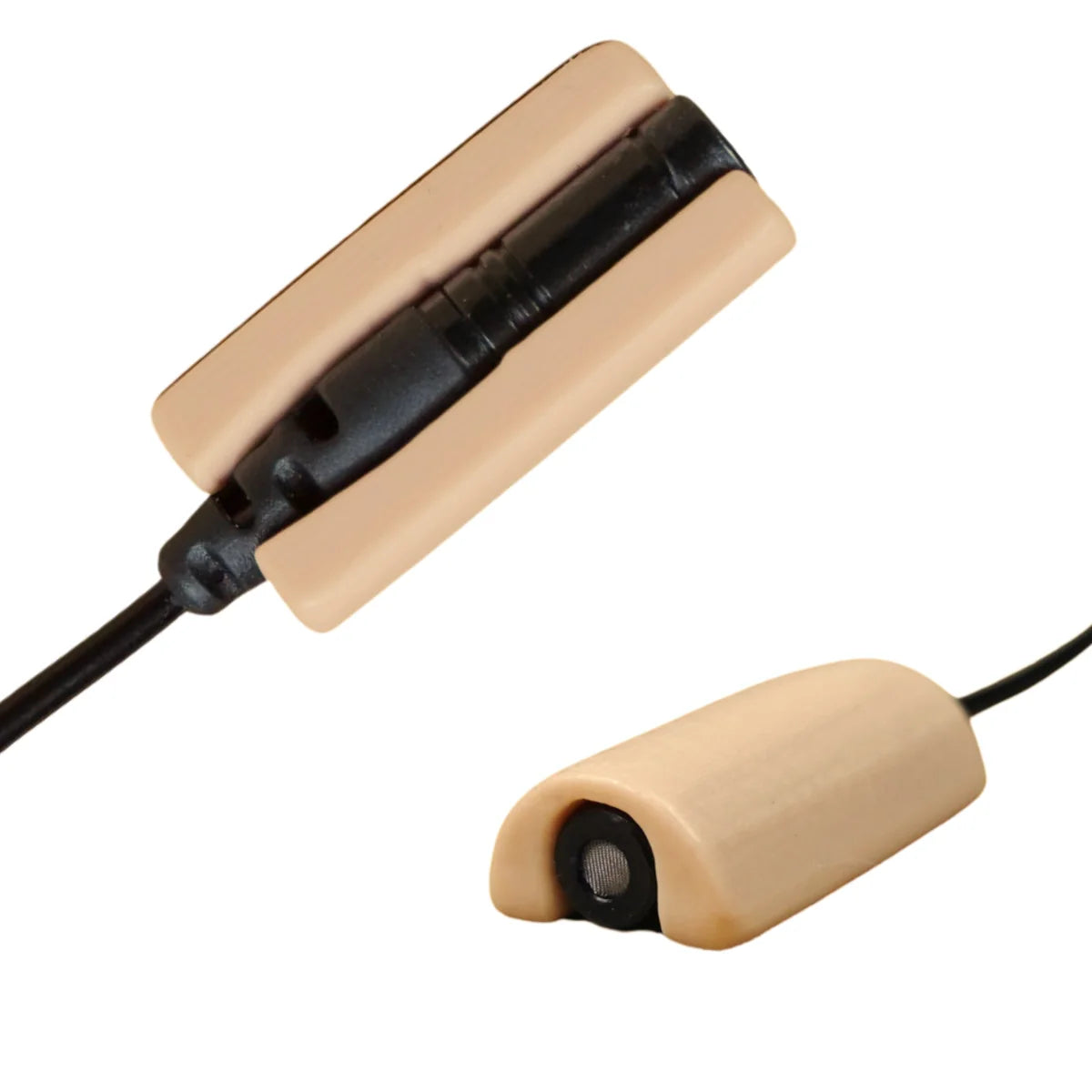 Beige mini microphone mount with black cable strain relief and foam mesh grille end