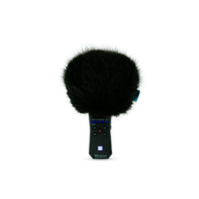 Black fuzzy windscreen cover for handheld audio recorder, angled view with blue screen and buttons
