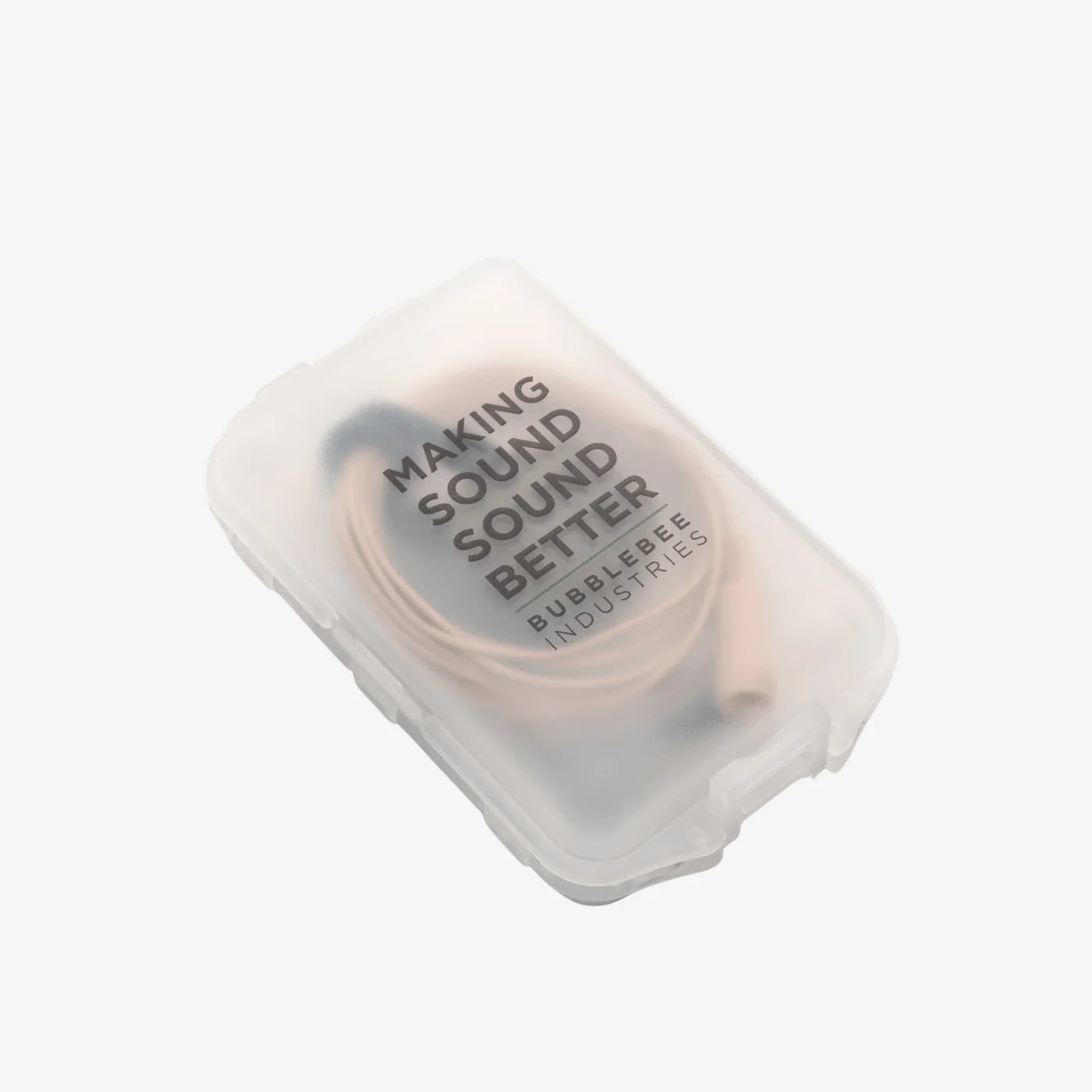 Translucent accessory case with round label and neatly wrapped cable