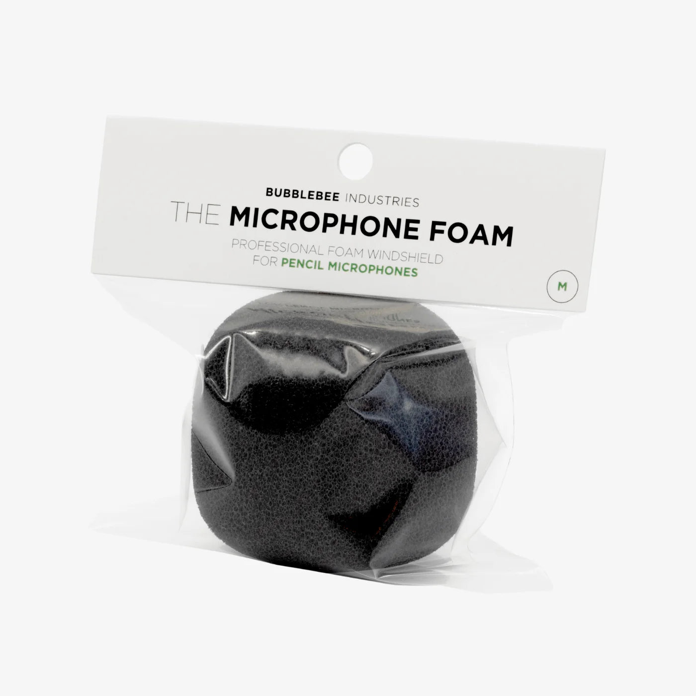 Black microphone foam windscreen in clear bag packaging