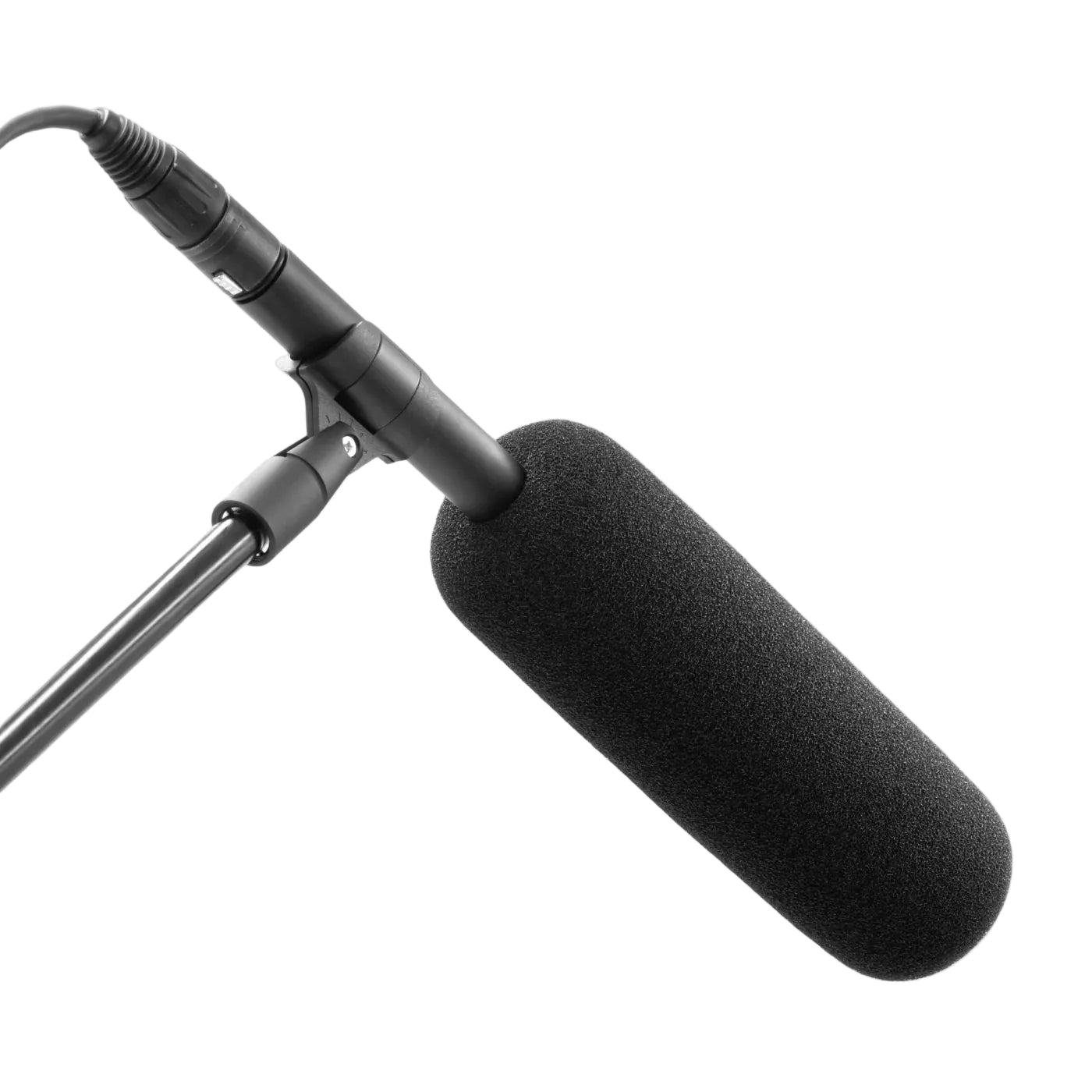 Shotgun microphone foam windscreen on microphone, dark textured foam