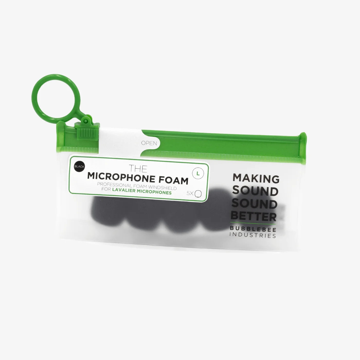 Lavalier microphone foam windscreen in clear plastic package with hanging loop