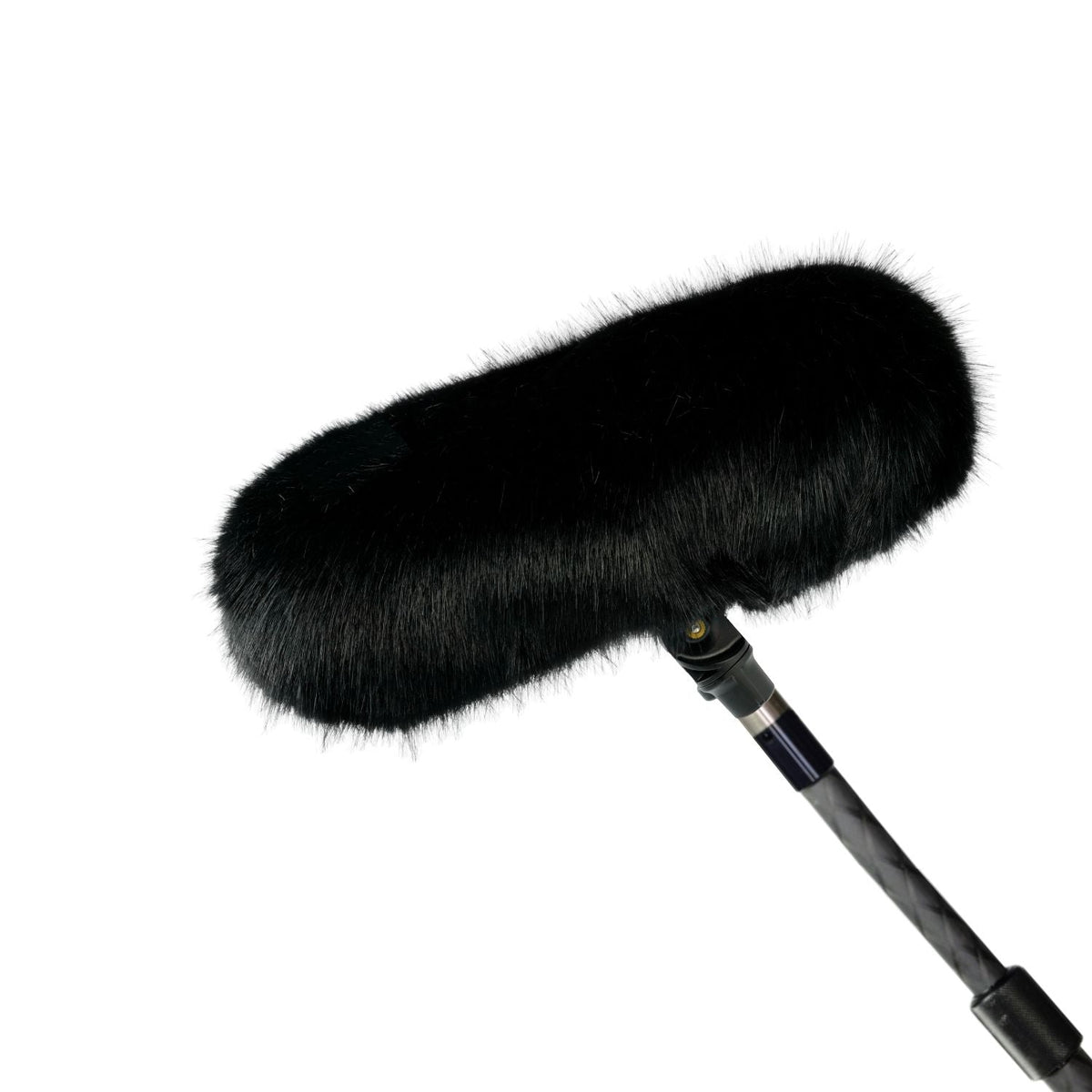 Black furry windscreen cover for handheld microphone on black cable