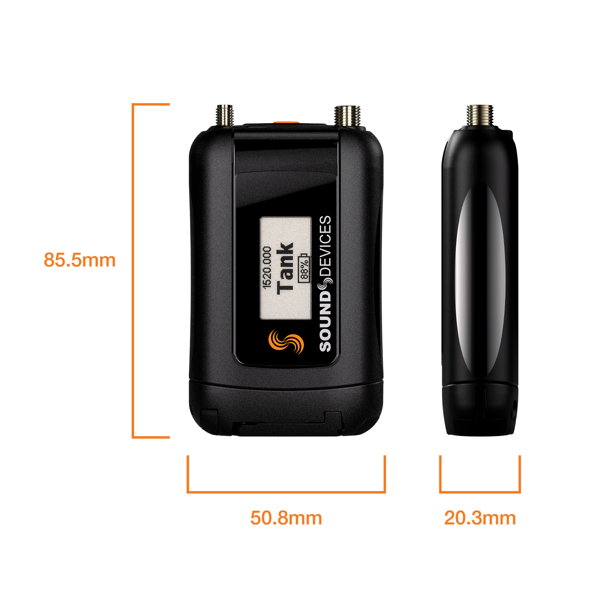 Black mini device with display window and side height reference; includes Sound Devices label