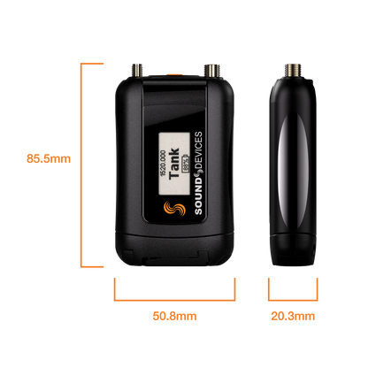 Black mini device with display window and side height reference; includes Sound Devices label