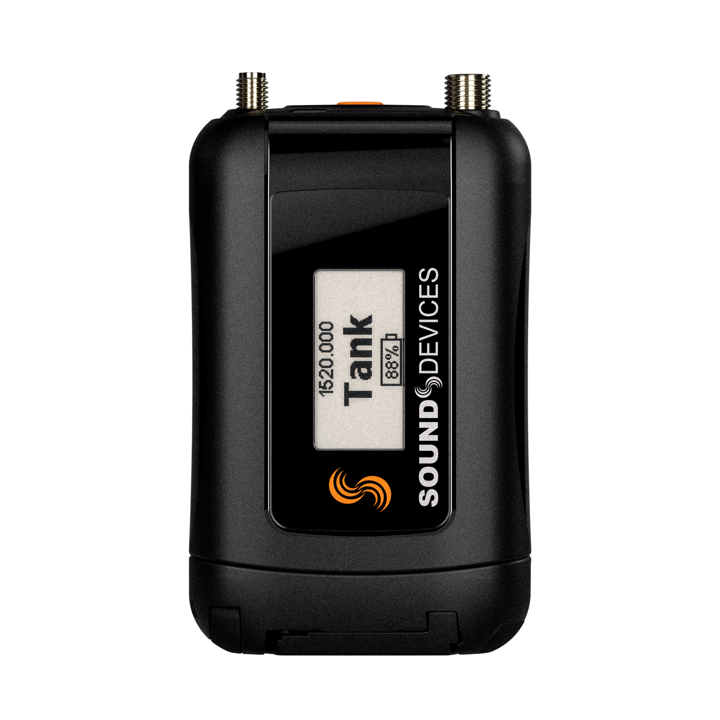 Black mini device with screen showing specs label and orange wireless icon