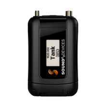 Black mini device with screen showing specs label and orange wireless icon