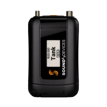 Black mini device with screen showing specs label and orange wireless icon