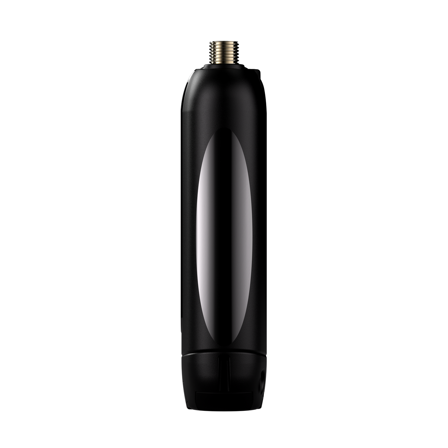 Black handheld device with tall oval window and threaded top connector