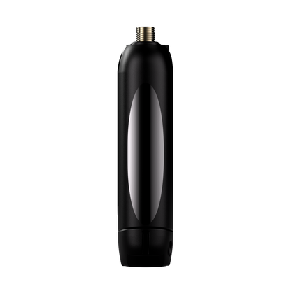 Black handheld device with tall oval window and threaded top connector