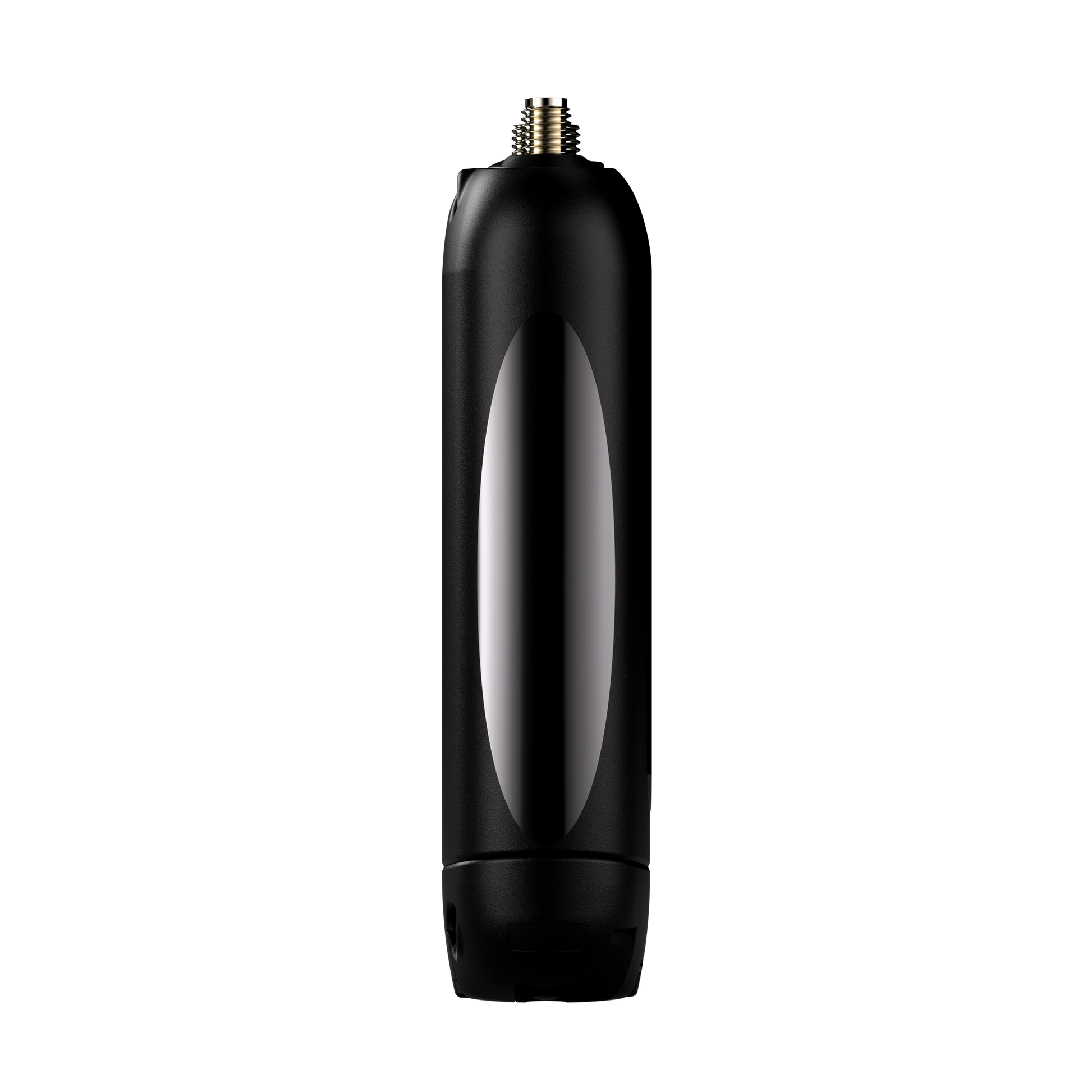 Black handheld device side view with tall oval window and threaded top port