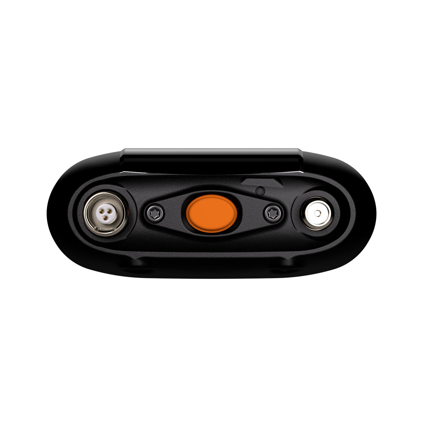 Black mini device back panel with orange button and two round connector ports