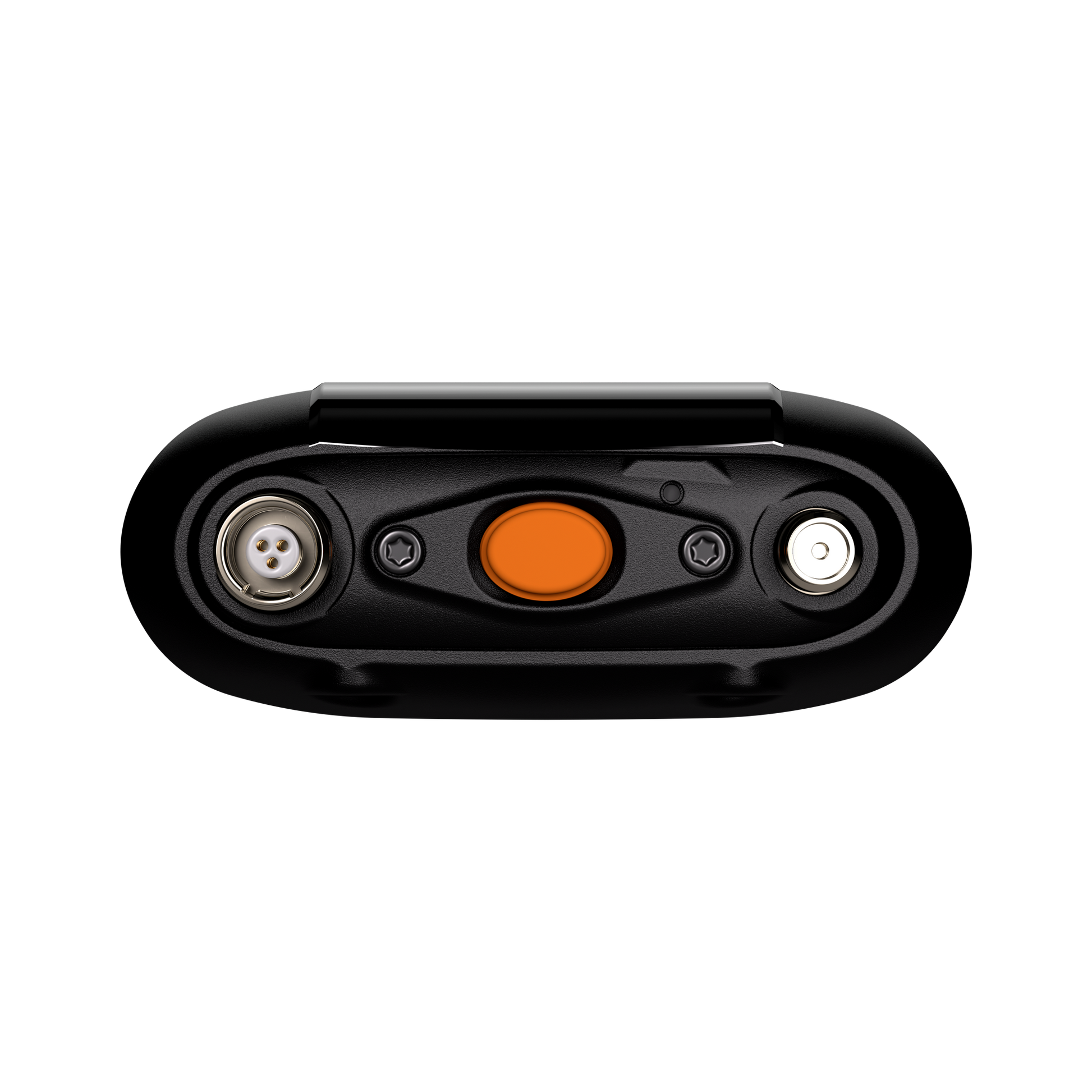 Black mini device back panel with orange button and two round connector ports