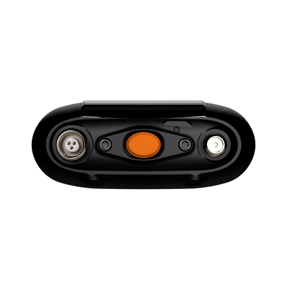 Black mini device back panel with orange button and two round connector ports