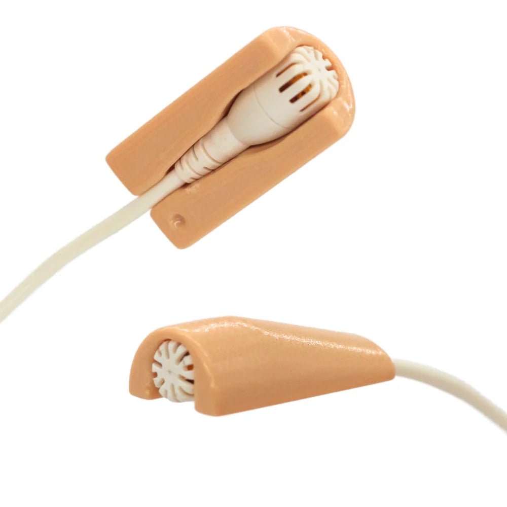 Beige MiniMount lavalier mic mount with cable and white microphone head