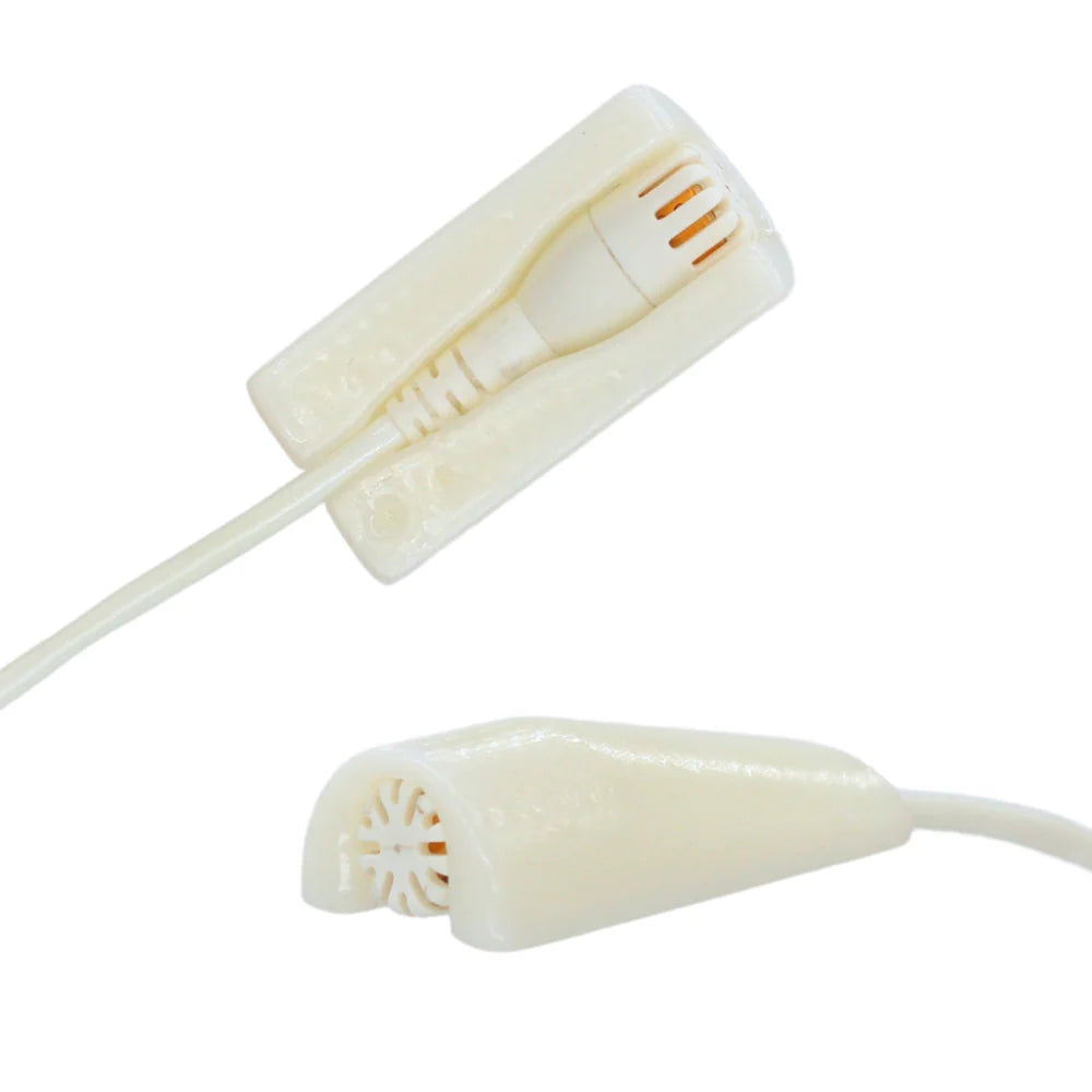 Cream mini microphone foam mount with cable and two-piece clip, close-up view