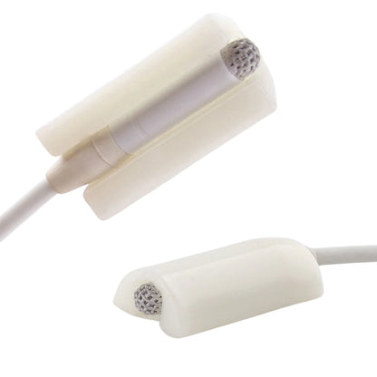 Cream mini microphone foam mount with gray mesh insert, cable connected