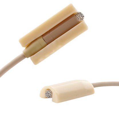 Beige low-profile microphone mount with mesh grille on cable